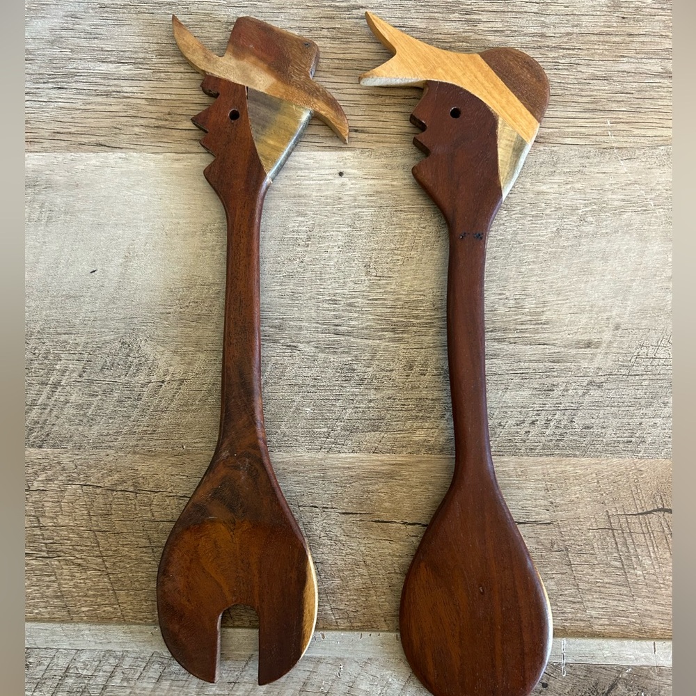Vintage Hand Carved Wood Man Woman Salad Spoon Fork Set Folk Art Kitchen Decor